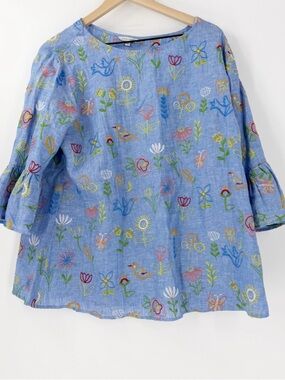 John Mark Blue Linen Blend Embroidered Ruffle Sleeve Boho Artsy Top Size 1X/2X